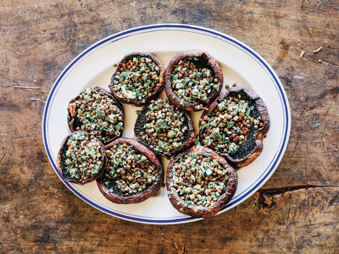 recept gebakken Portobello's puy linzen